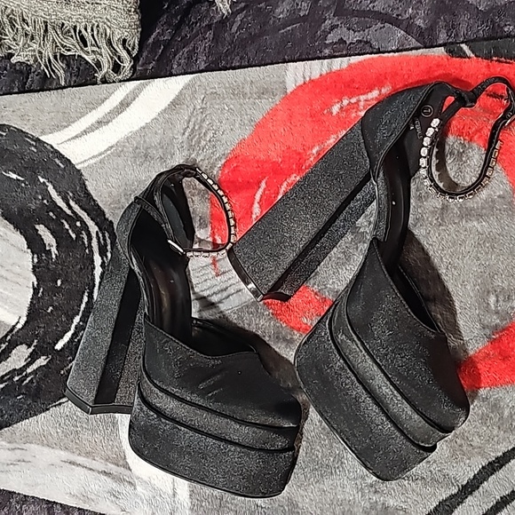 Black Ankle Strap Embellished Double Platform High Heels - Picture 6 of 10